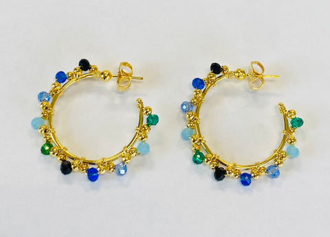 Blue Beaded Hoop Earrings