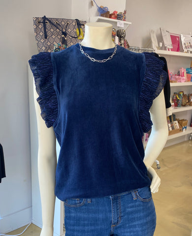 Navy Velvet Top Shimmer Sleeve