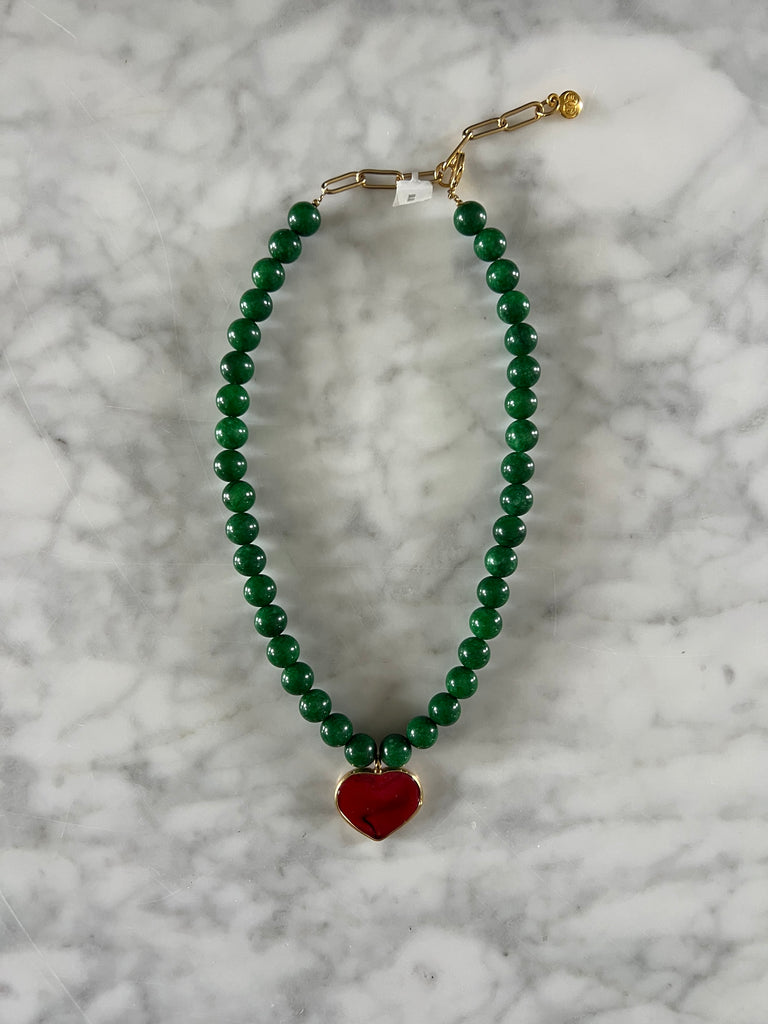 Green Bead with Heart Necklace