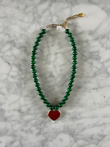 Green Bead with Heart Necklace