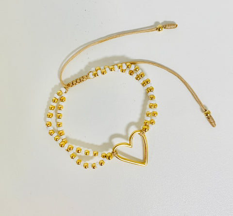 Gold and Pearl Heart Adjustable Bracelet