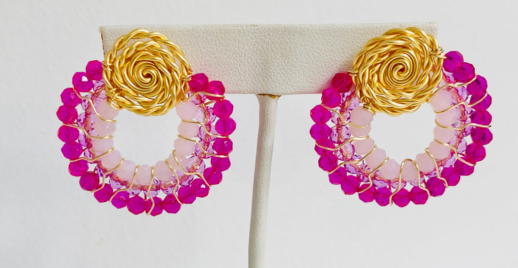 Pink Beaded Rose Earrings