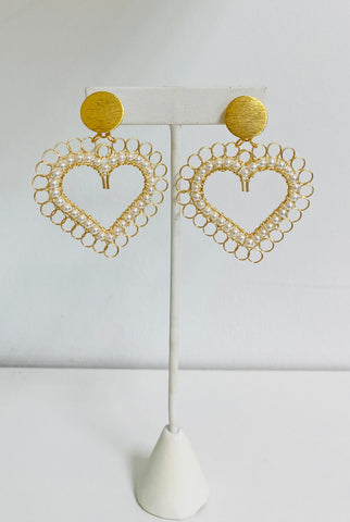 Heart Gold and Pearl Statement Earrings