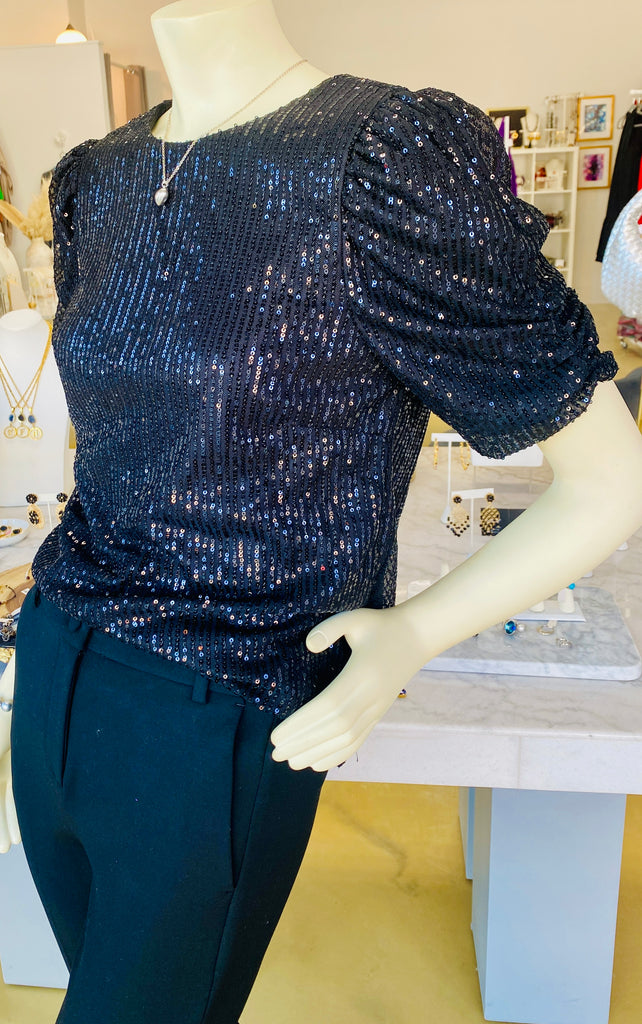 Black Sequin Ruched Sleeve Top