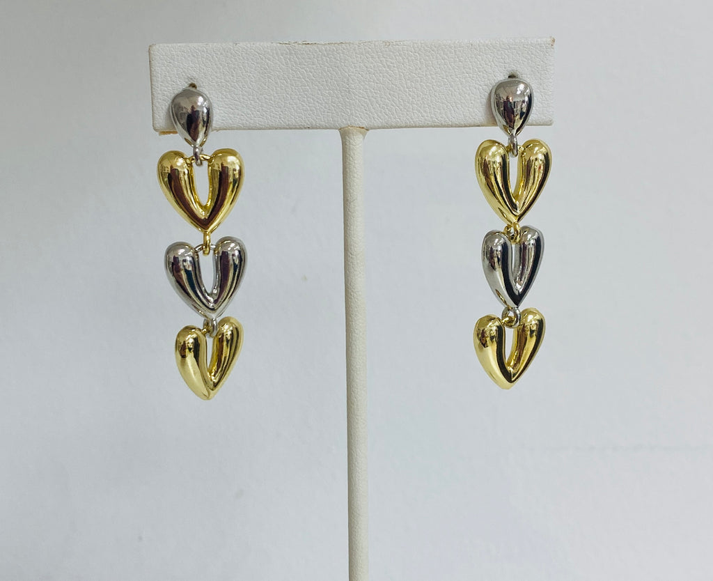 3 Hearts Gold and Silver Earrings