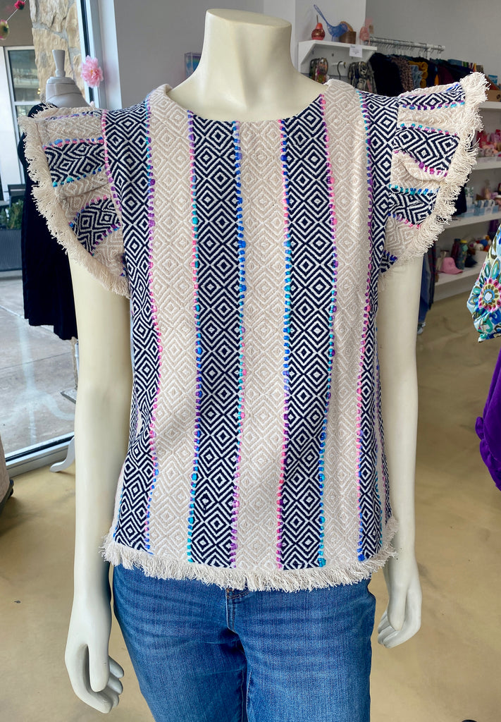 Pattern Stripe Knit Fringe Top CW