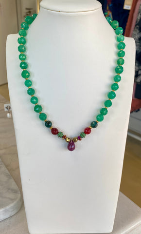 BS Green Chalcedony Agate Ruby Drop Necklace