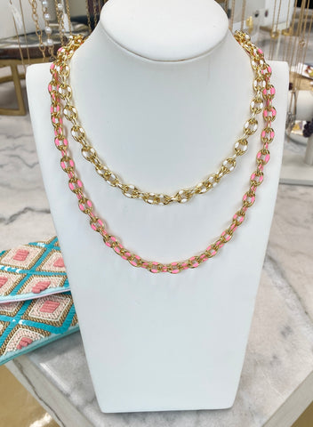 Link Chain Enamel Necklace White/Pink
