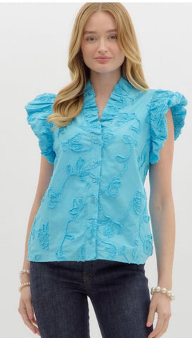 Teal Embroidered Ruffle Top CW