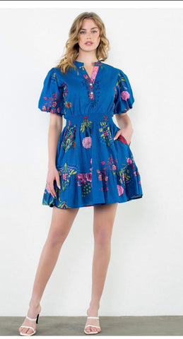 Blue Floral Puff Sleeve Dress CW