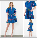 Blue Floral Puff Sleeve Dress CW