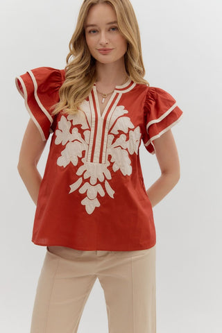 Entro Cinnamon Embroidered Flutter Sleeve Top CW