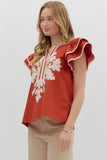 Entro Cinnamon Embroidered Flutter Sleeve Top CW