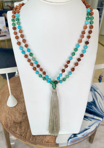 Long Turquoise Beaded Tassel Necklace