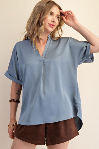 Glam Placket Cuff Sleeve Blue Top CW