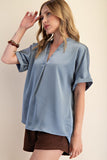 Glam Placket Cuff Sleeve Blue Top CW