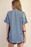 Glam Placket Cuff Sleeve Blue Top CW