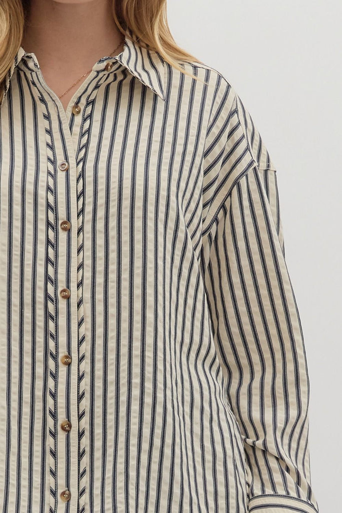 Entro Navy Striped Button Up Top CW