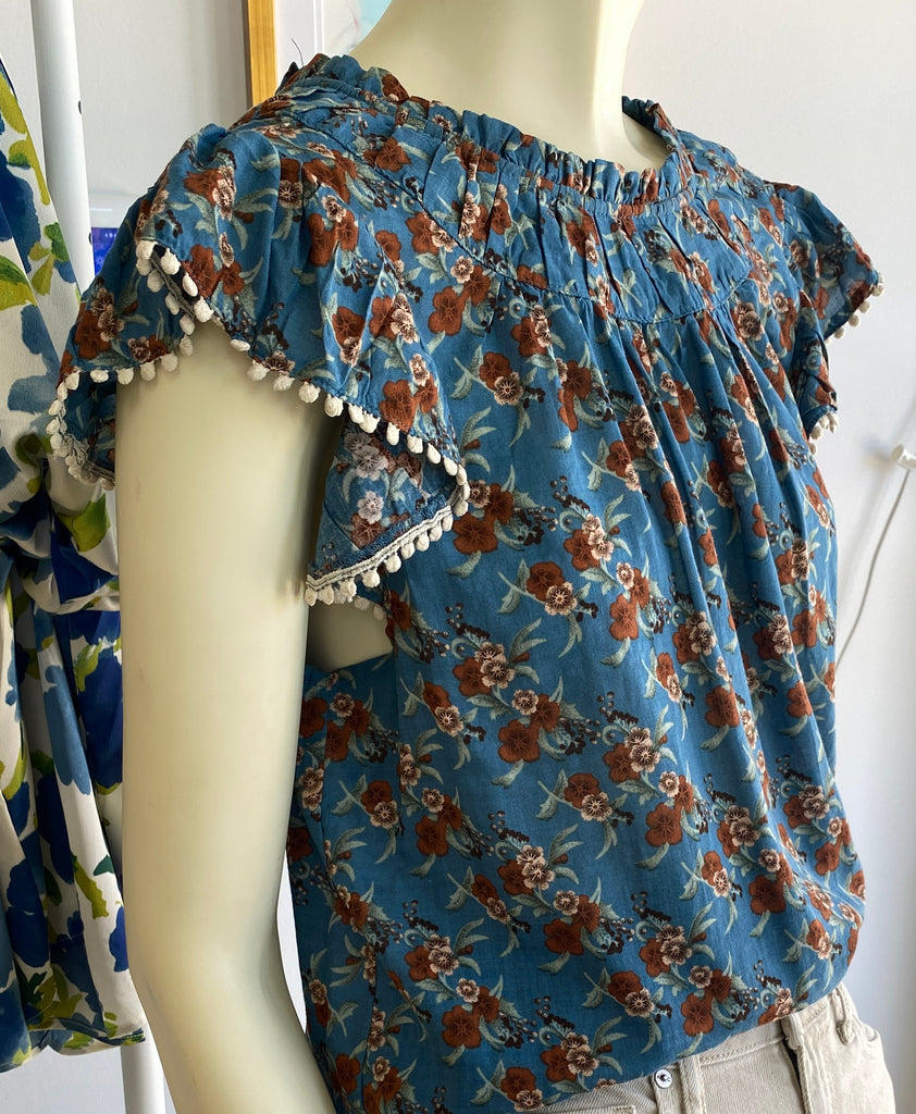 THML Teal Floral Ruffle Sleeve Top CW