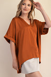 Glam Rust V Neck Satiny Top CW