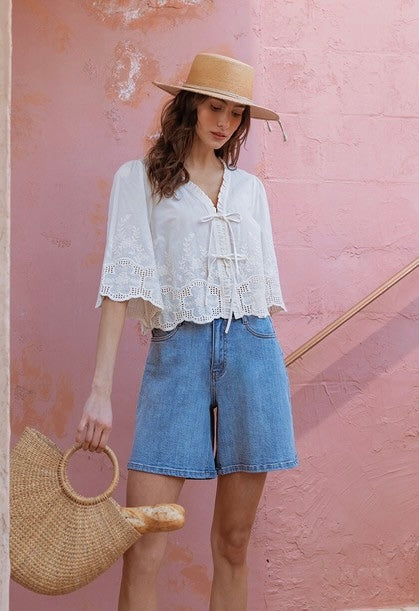 Annie Wear Ivory Embroidered Tie Front Blouse CW