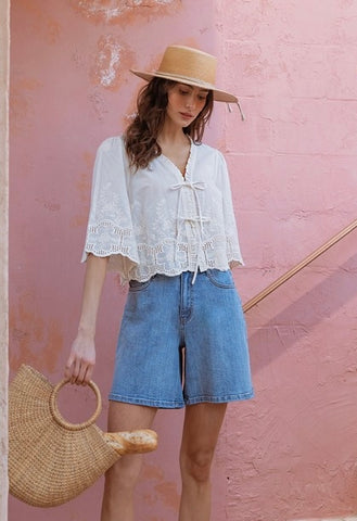 Annie Wear Ivory Embroidered Tie Front Blouse CW