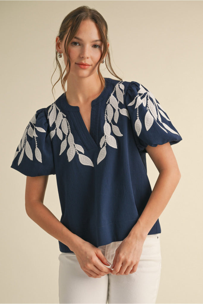 Jodifl Navy Embroidered Sleeve Top CW