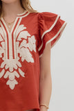 Entro Cinnamon Embroidered Flutter Sleeve Top CW