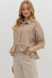 Entro Brown Stripe Button Down Ruffle Hem Top CW
