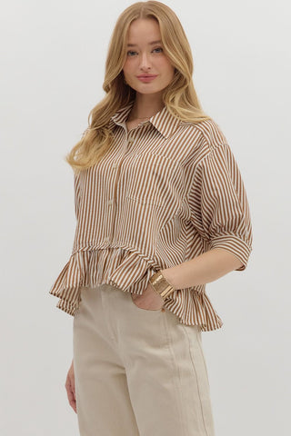 Entro Brown Stripe Button Down Ruffle Hem Top CW