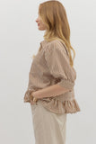 Entro Brown Stripe Button Down Ruffle Hem Top CW