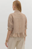 Entro Brown Stripe Button Down Ruffle Hem Top CW