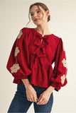 Jodifl Burgundy Embroidered Tie Front Blouse CW