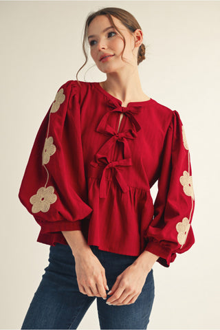 Jodifl Burgundy Embroidered Tie Front Blouse CW
