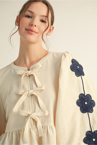 Jodifl Cream Floral Embroidered Tie Front Blouse CW