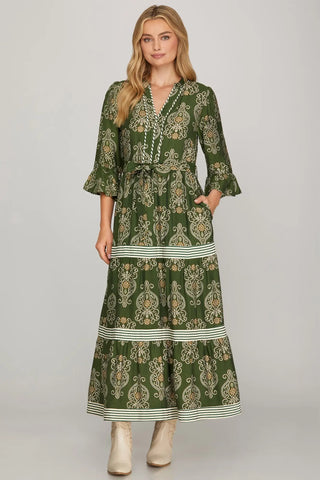 She & Sky Olive Print Dress CW