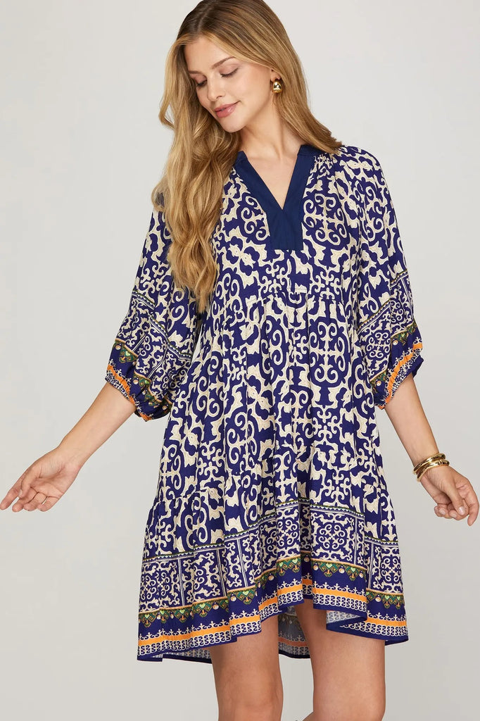 She & Sky Navy Border Print Dress CW
