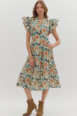 Entro Ecru Floral Midi Dress CW