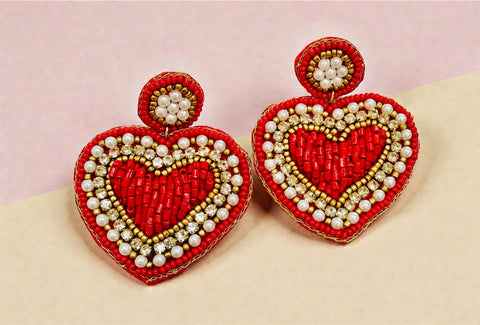 Red Heart Beaded Earrings