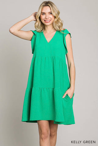 Green Ruffle Sleeve Tiered Babydoll Dress