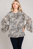 Abstract Print Ruffle Sleeve Top