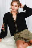 Black Embroidered Top Ruffle Sleeve