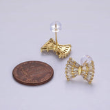 14K Gold Filled Clear CZ Baguette Bow Ribbon Stud Earrings | AE138