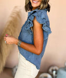 Button Front Ruffled Flutter Frayed Denim Top