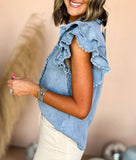 Button Front Ruffled Flutter Frayed Denim Top