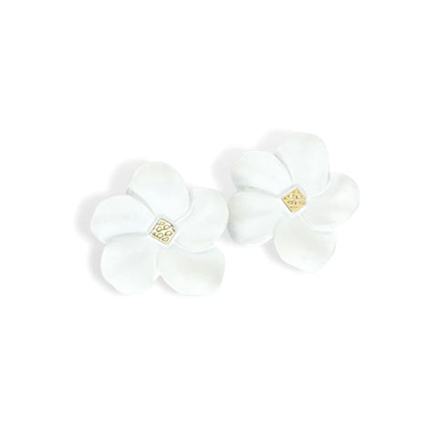 White Flower Stud with Logo Earrings