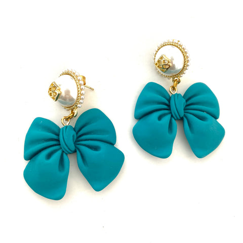 Bow Blue Earrings with Pearl
