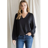Black Scallope Detailed Neck Top