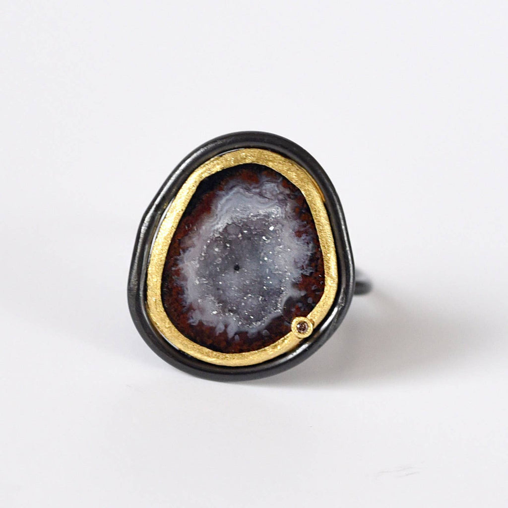 Geode With Genuine Diamond Black Rhodium Ring