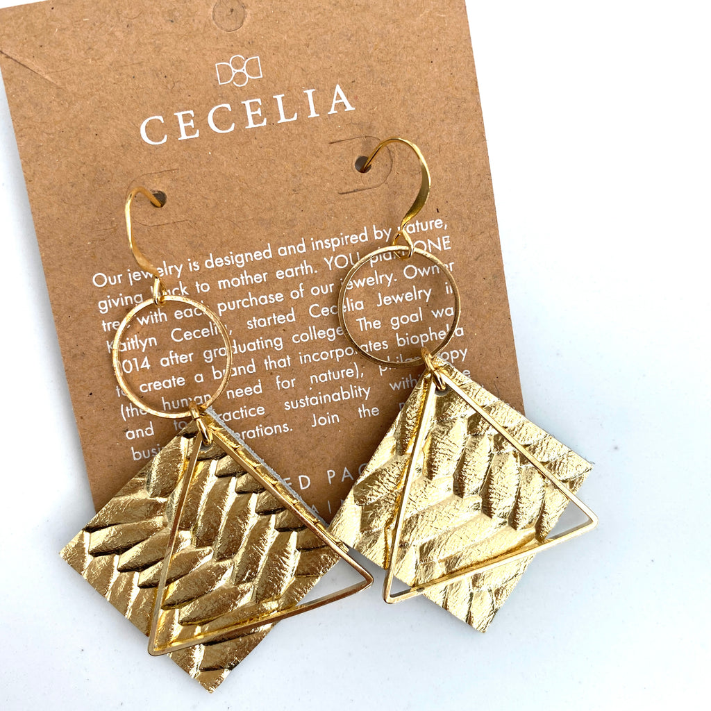 Gold Diamond Leather Earrings with Gold Hoop